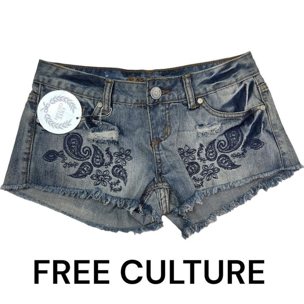 Free Culture Women Denim Shortie Shorts Embroidered Paisley Fringe Hem Blue Sz 3